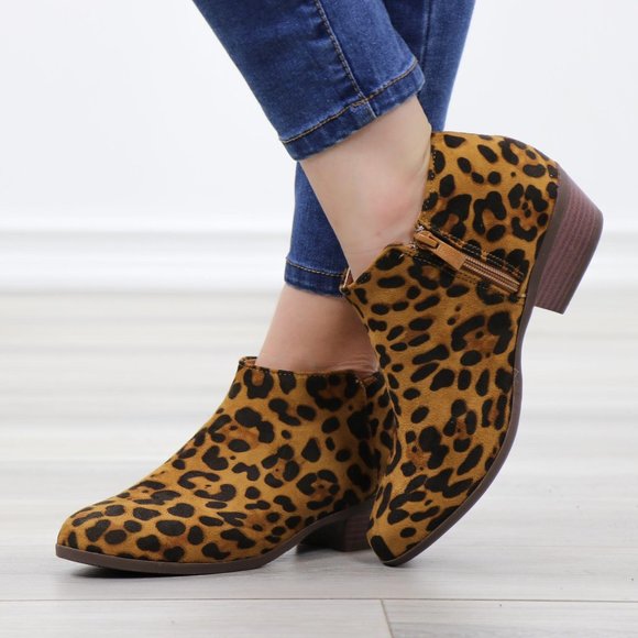 Faux Suede Leopard Low Heel Ankle Boots - Picture 7 of 13